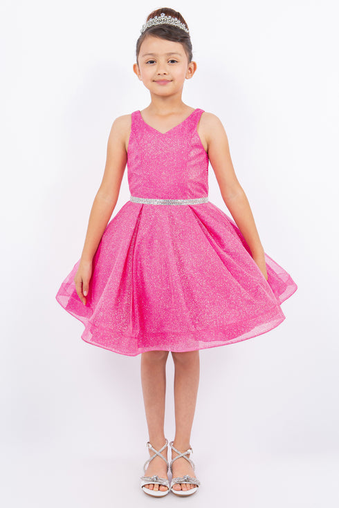 Big Girls Multi Color Glitter Mesh V Neck Short Dress 4-16